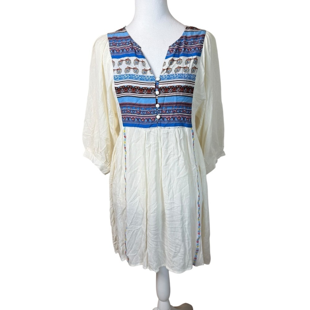 Umgee White Blue Gauzy Boho Tunic Dress Small‎ Peasant Bohemian Southwestern